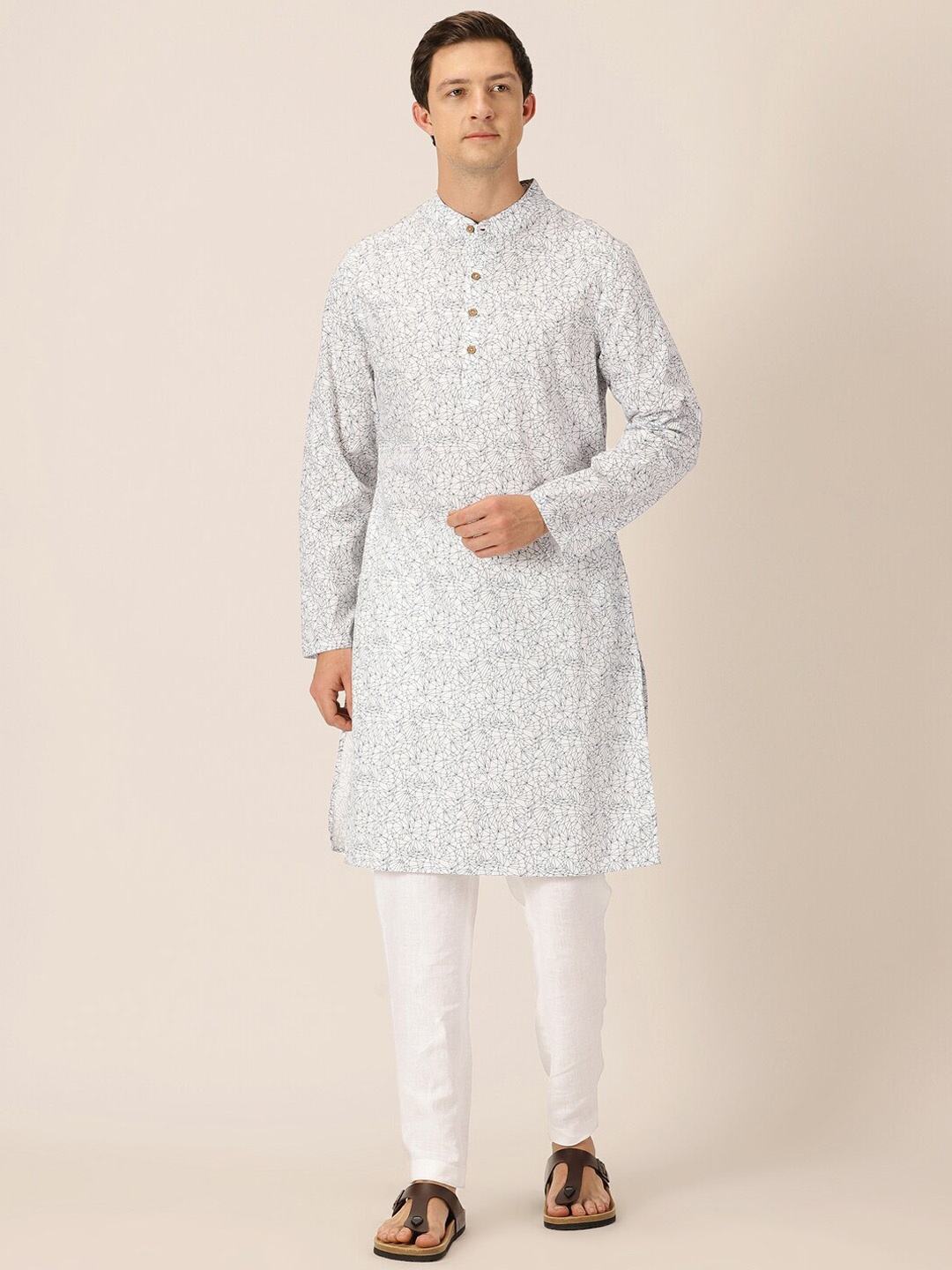 

HERE&NOW Abstract Printed Band Collar Straight Kurta, White