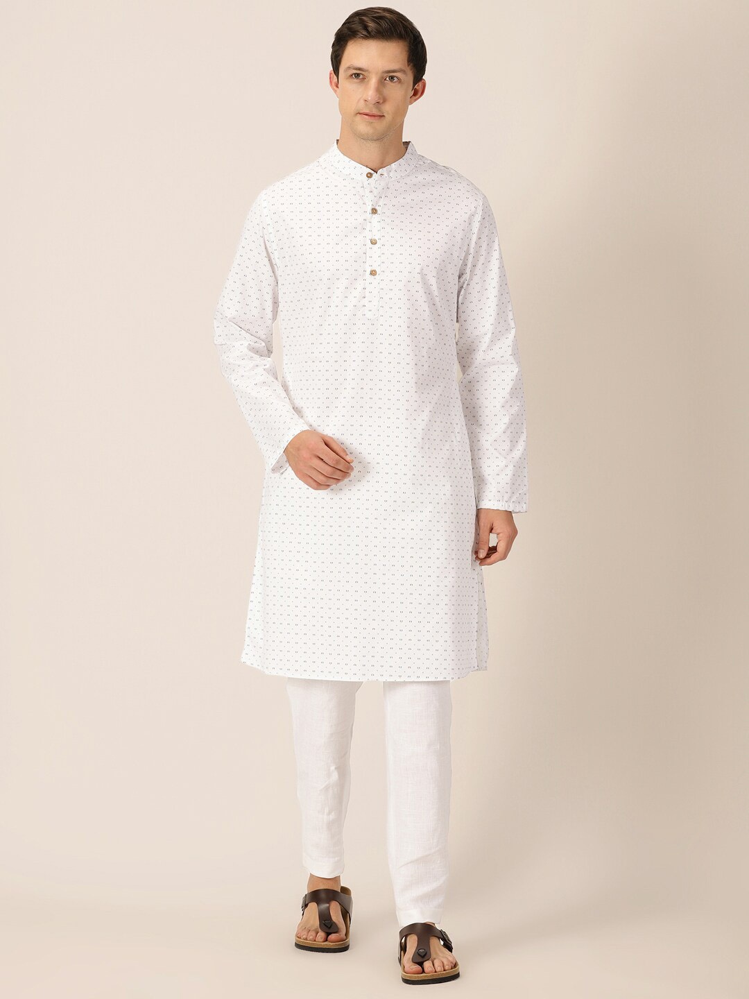 

HERE&NOW White & Navy Blue Geometric Printed Band Collar Pure Cotton Straight Kurta
