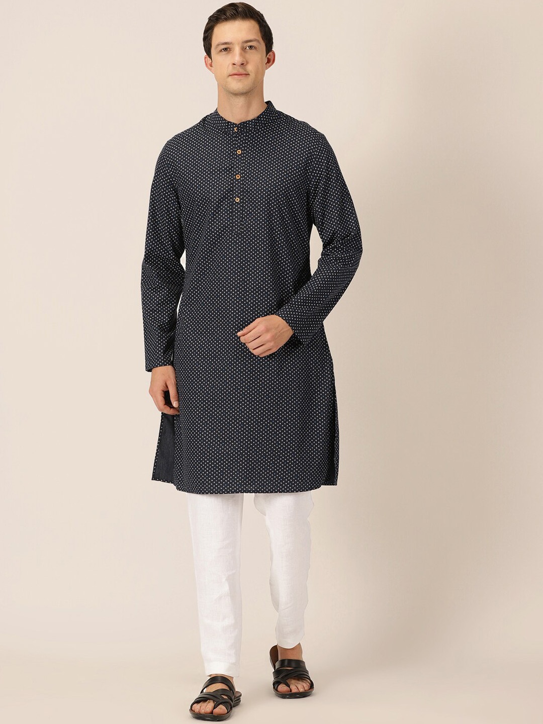 

HERE&NOW Geometric Printed Band Collar Straight Kurta, Navy blue