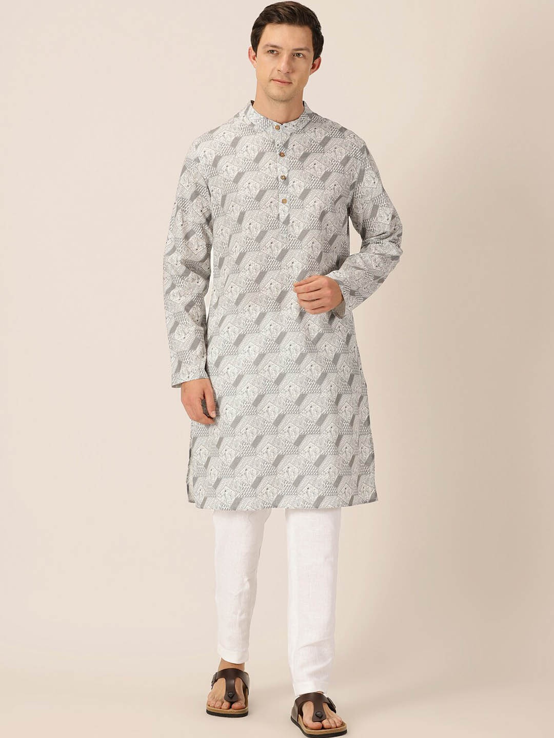 

HERE&NOW Ethnic Motifs Printed Mandarin Collar Pure Cotton Straight Kurta, Grey