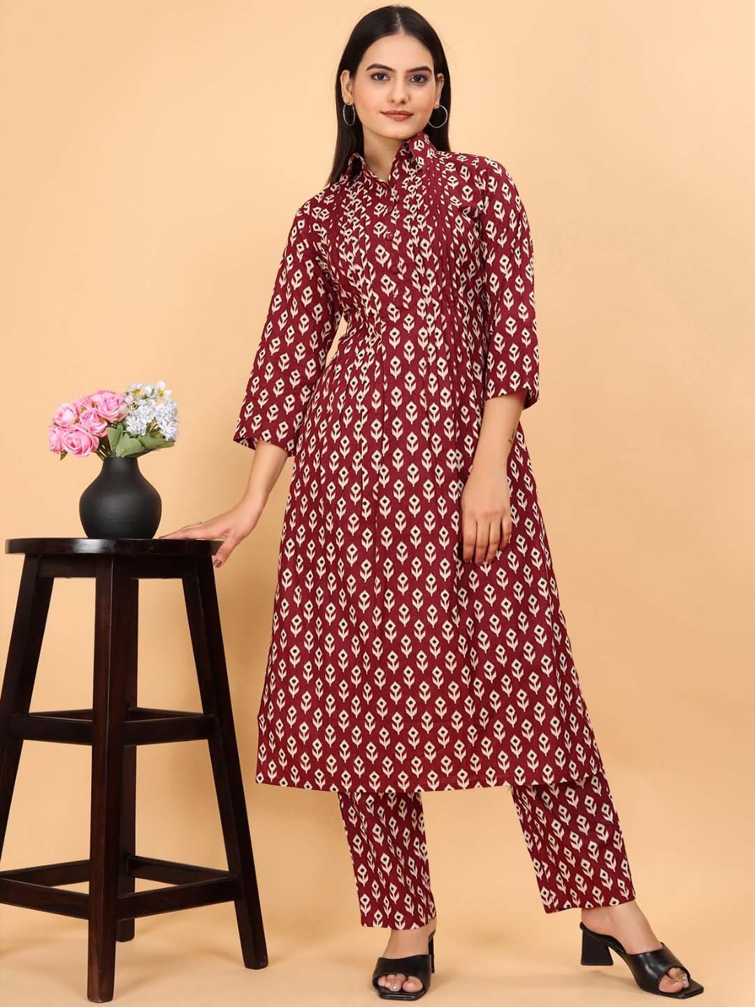 

FABDYOR Floral Printed Pure Cotton Shirt Collar Kurta With Trousers & Dupatta, Maroon