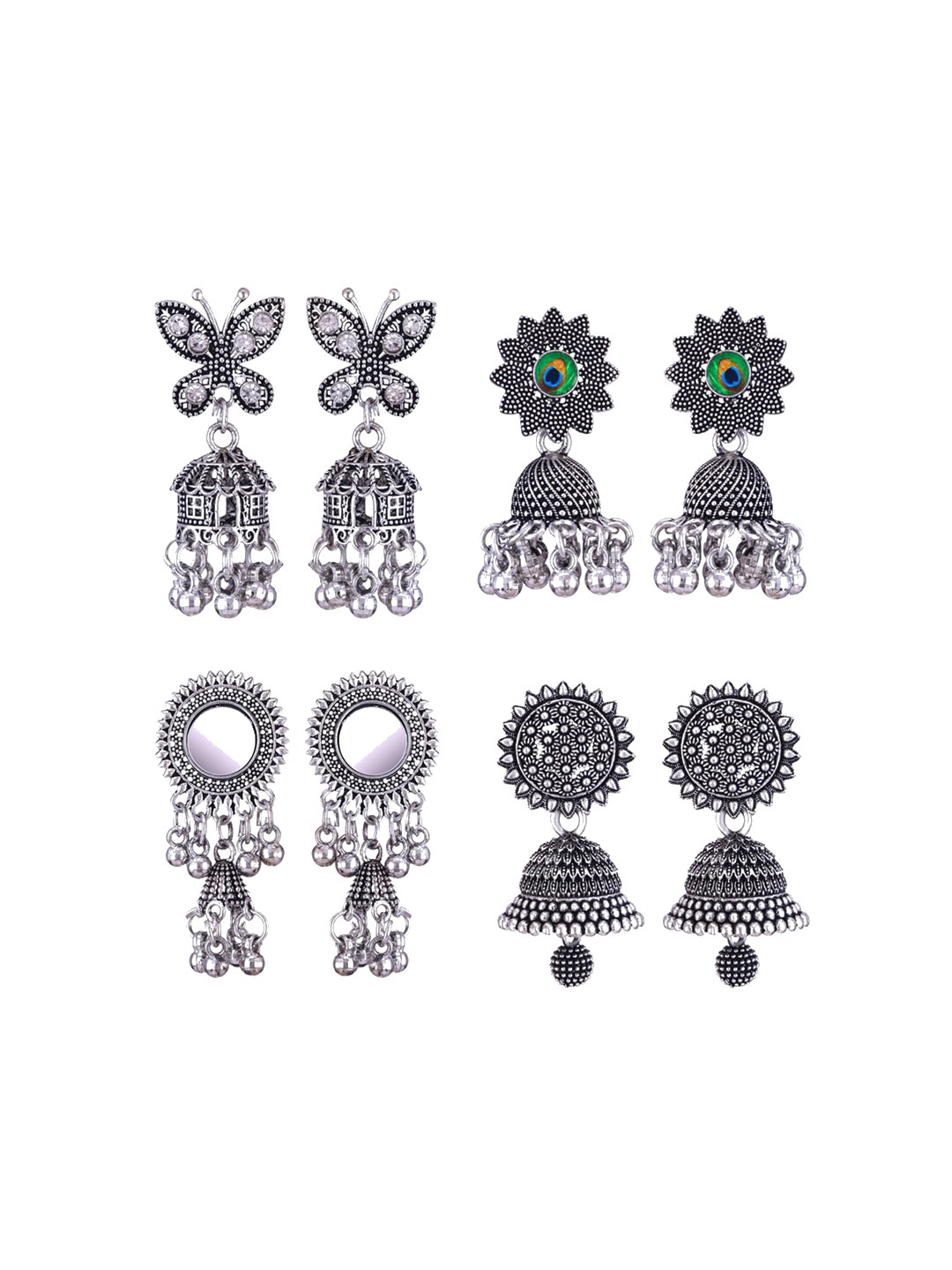 

MEENAZ Set Of 4 Silver-Plated Oxidised Peacock Shaped Jhumkas