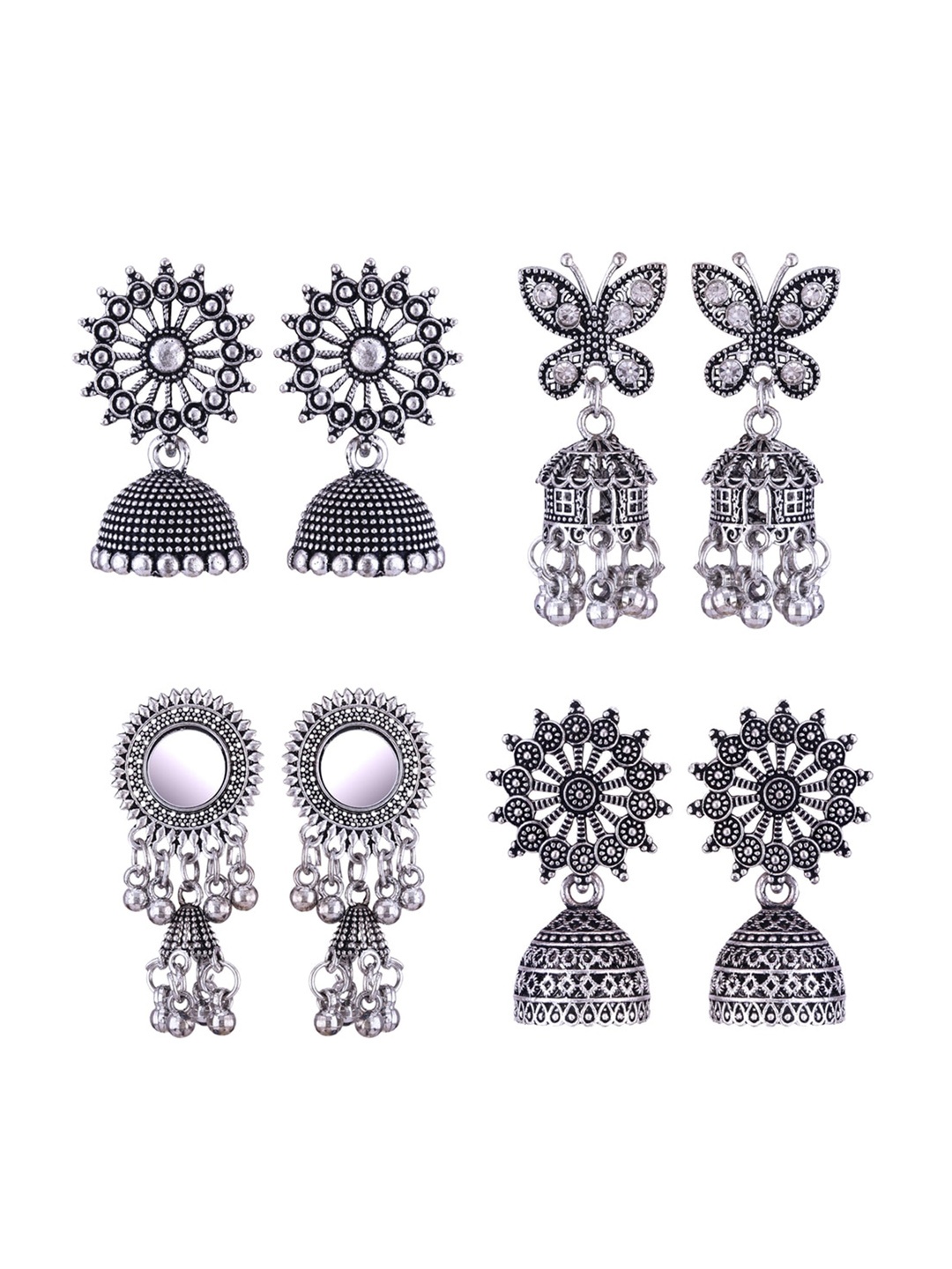 

MEENAZ Set Of 4 Silver-Plated Stainless Steel Studded & Beaded Peacock Shaped Jhumkas