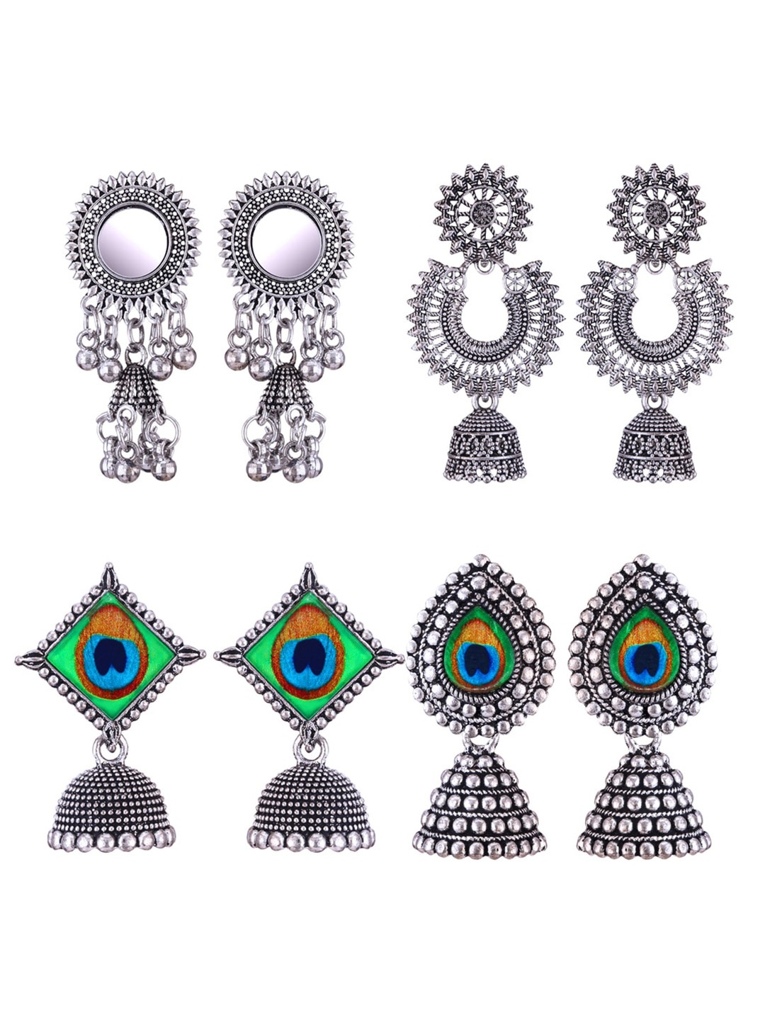 

MEENAZ Set Of 4 Silver Plated Dome Shaped Jhumkas