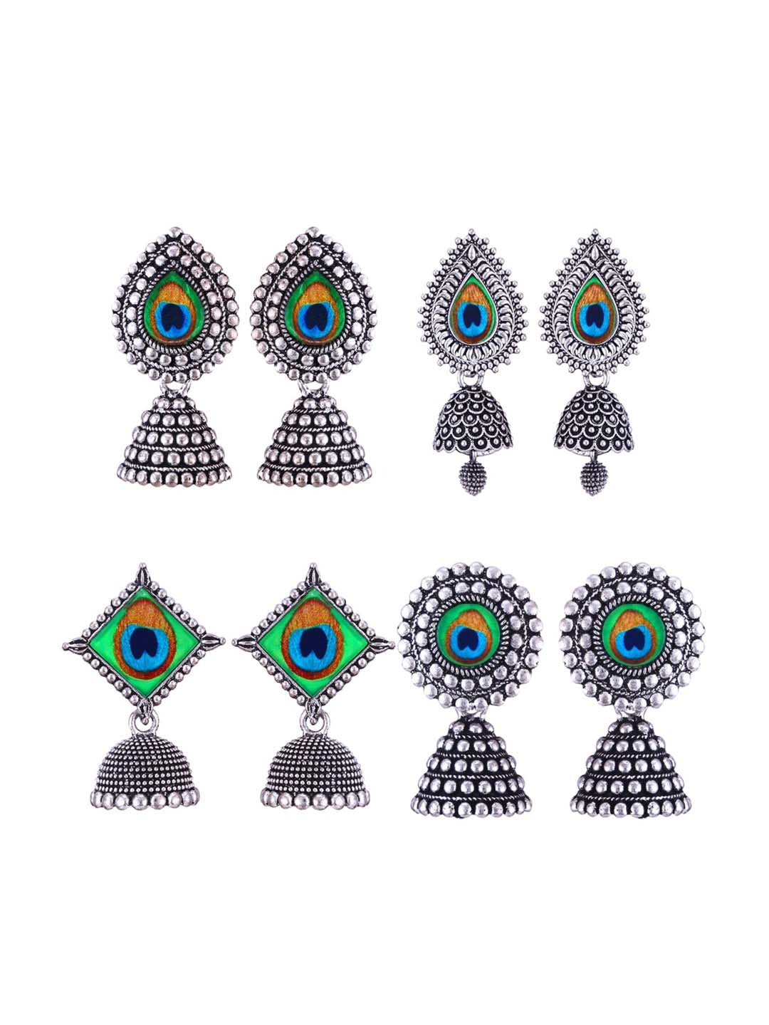 

MEENAZ Set Of 4 Silver-Plated Stainless Steel Peacock Shaped Enamelled Jhumkas