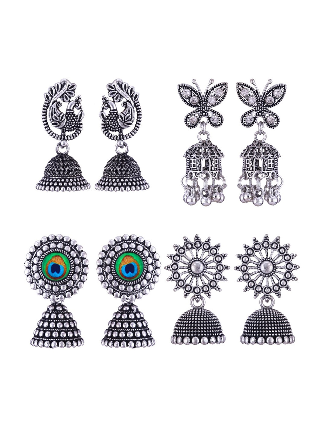 

MEENAZ Set Of 4 Silver-Plated Stainless Steel Peacock Shaped Jhumkas