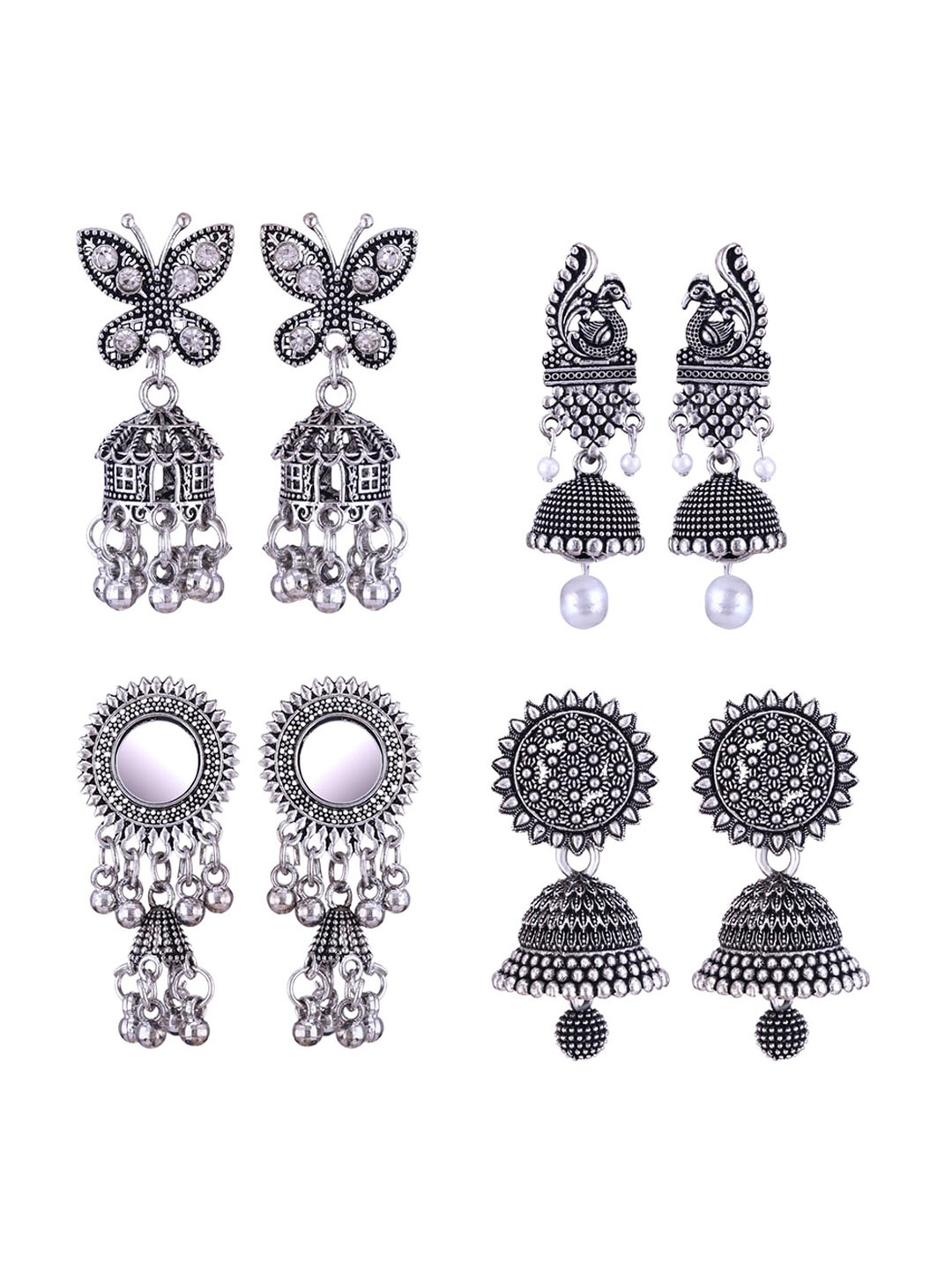 

MEENAZ Set Of 4 Silver-Plated Stainless Steel Studded & Beaded Peacock Shaped Jhumkas