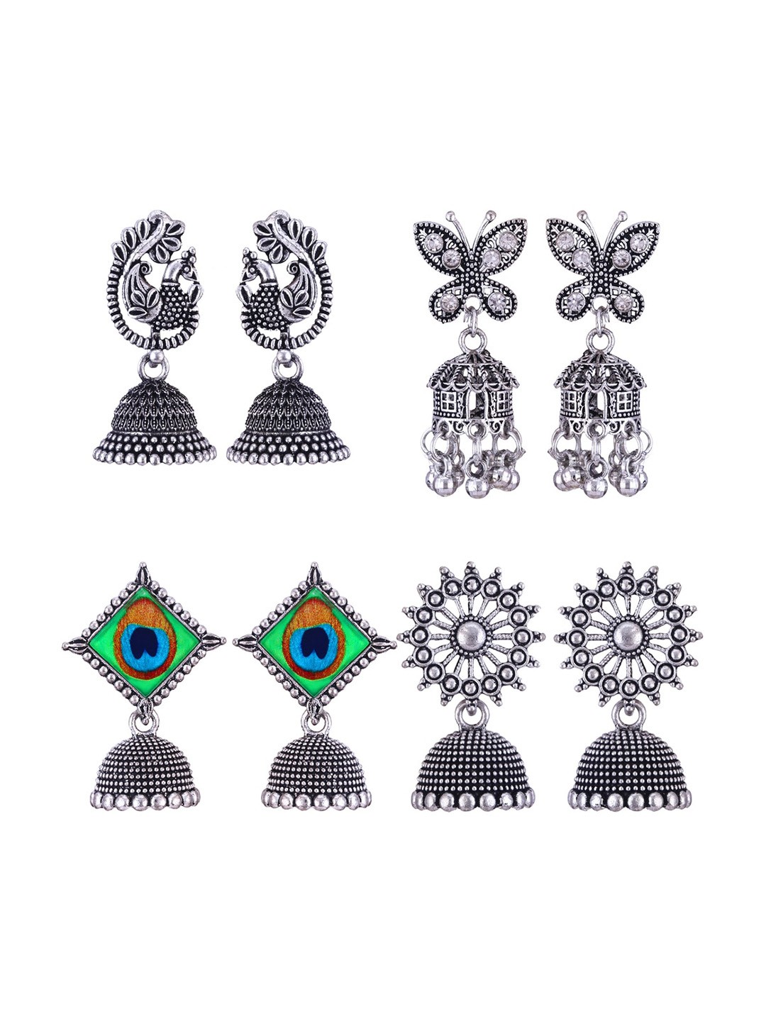 

MEENAZ Set Of 4 Silver Plated Dome Shaped Jhumkas