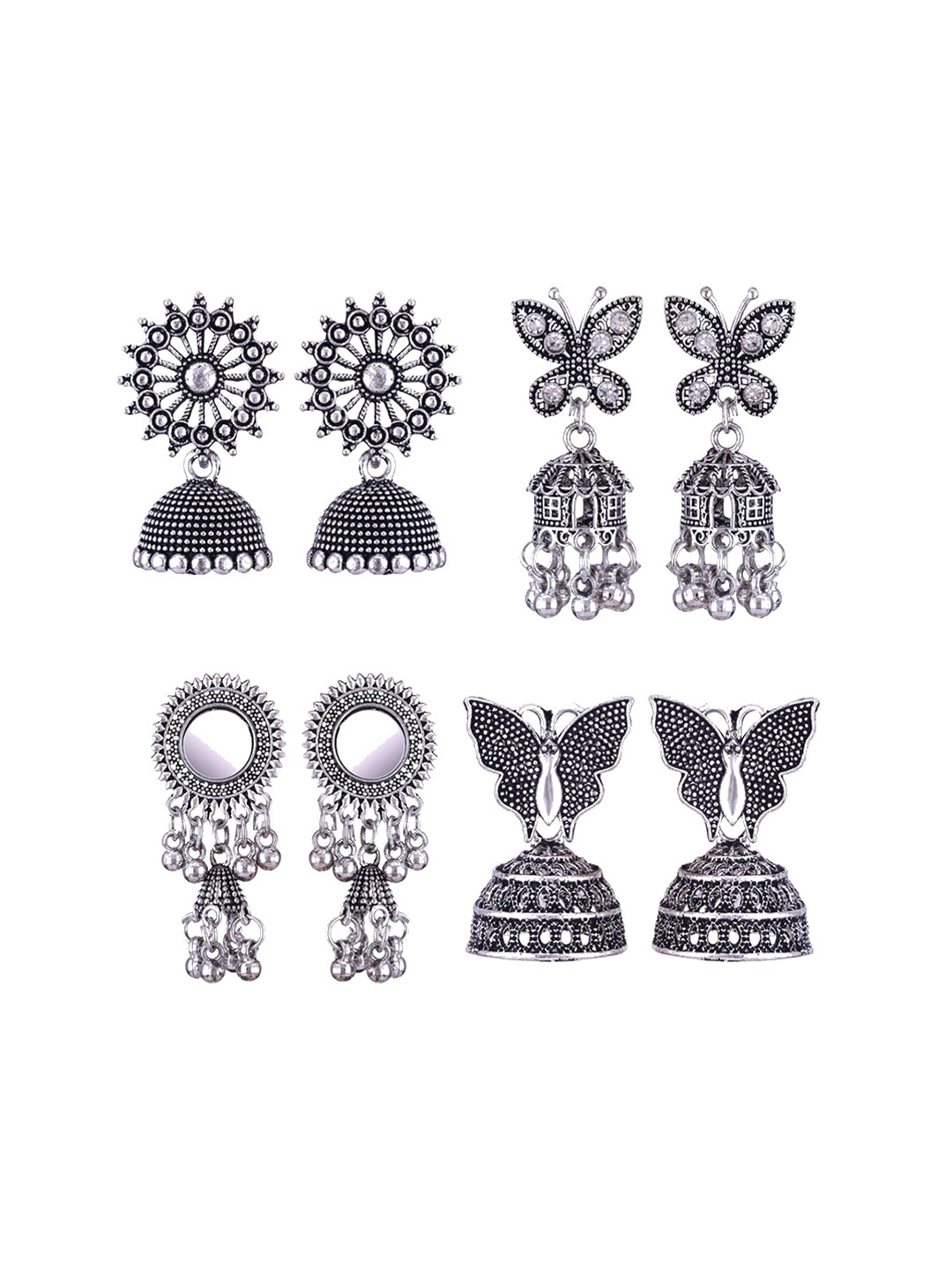

MEENAZ Set Of 4 Silver-Plated Stainless Steel Peacock Shaped Jhumkas
