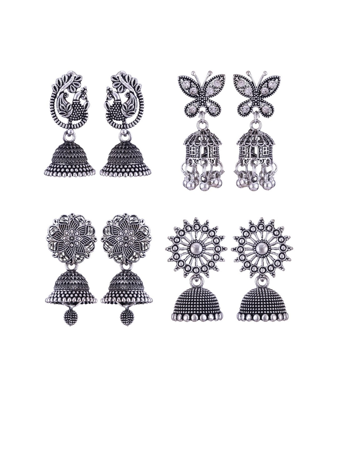 

MEENAZ Set of 4 Oxidised Silver Plated Stainless Steel Jhumkas