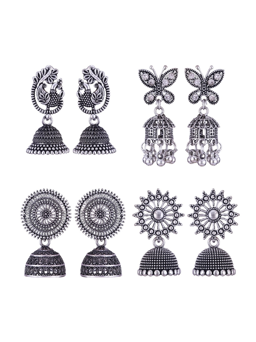 

MEENAZ Set of 4 Oxidised Silver Plated Stainless Steel Jhumkas