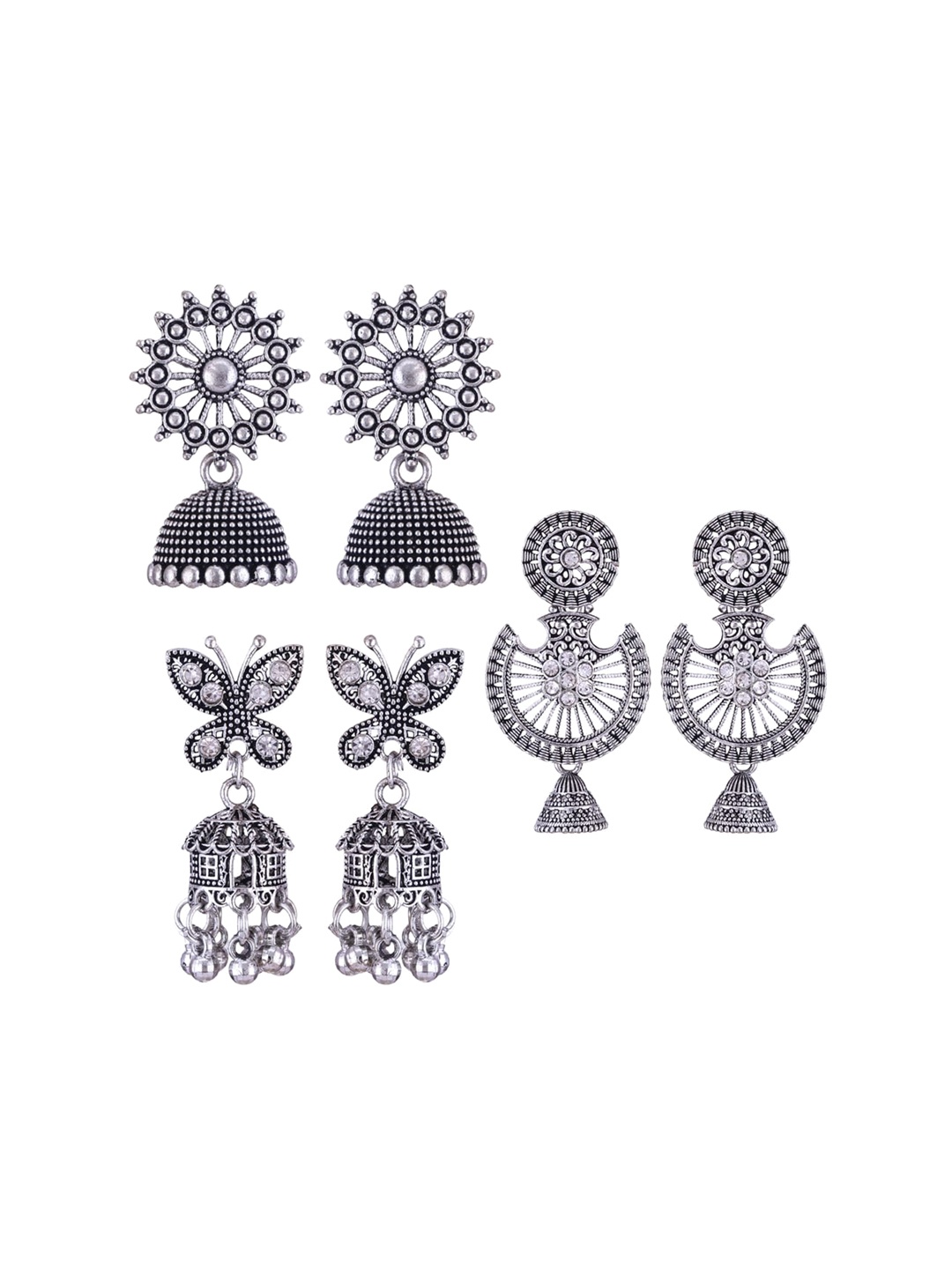 

MEENAZ Set Of 3 Silver-Plated Stainless Steel Studded & Beaded Peacock Shaped Jhumkas