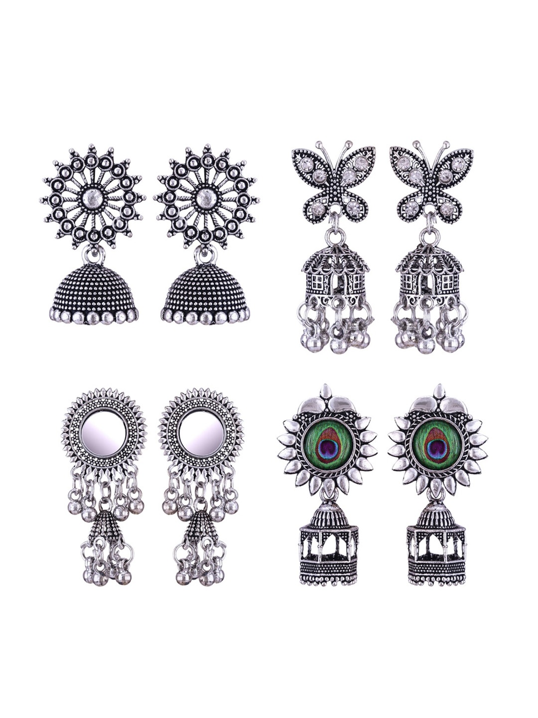 

MEENAZ Set Of 4 Silver-Plated Oxidised Peacock Shaped Jhumkas