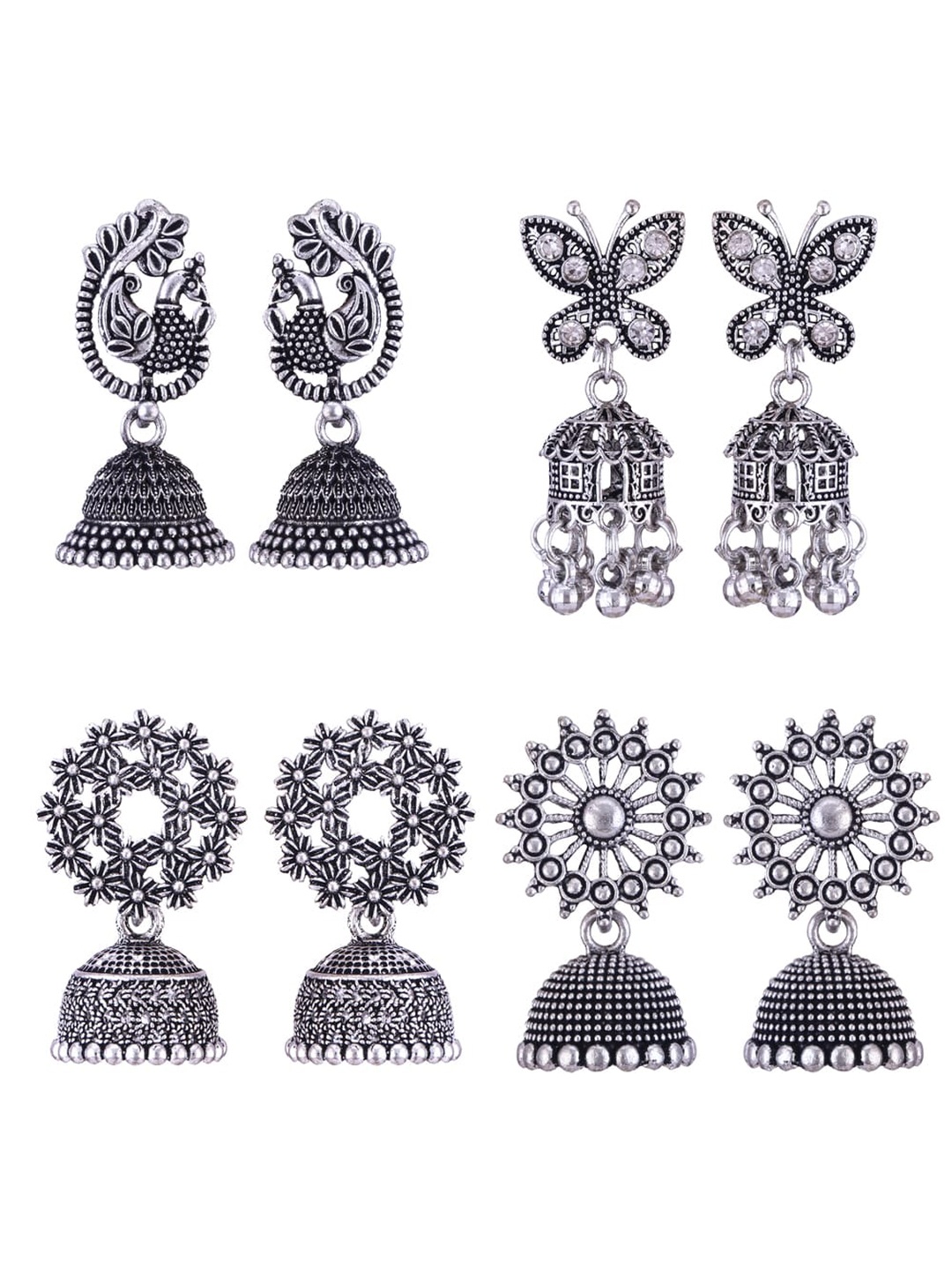 

MEENAZ Set Of 4 Silver-Plated Stainless Steel Jhumkas Earrings