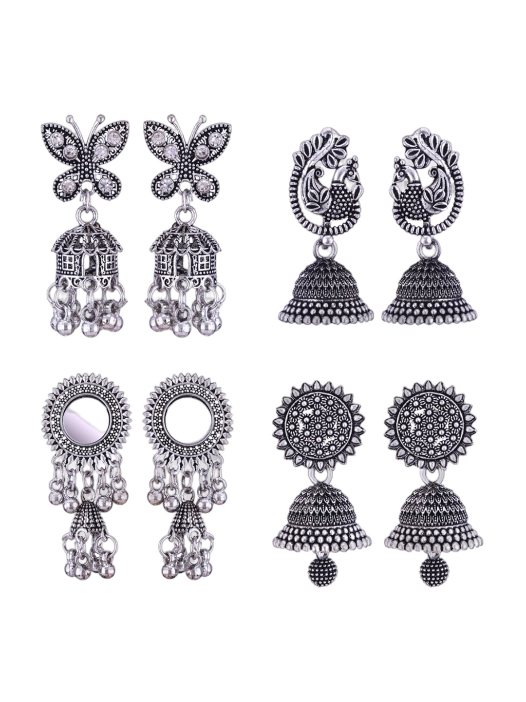 

MEENAZ Set Of 4 Silver-Plated Oxidised Peacock Shaped Jhumkas