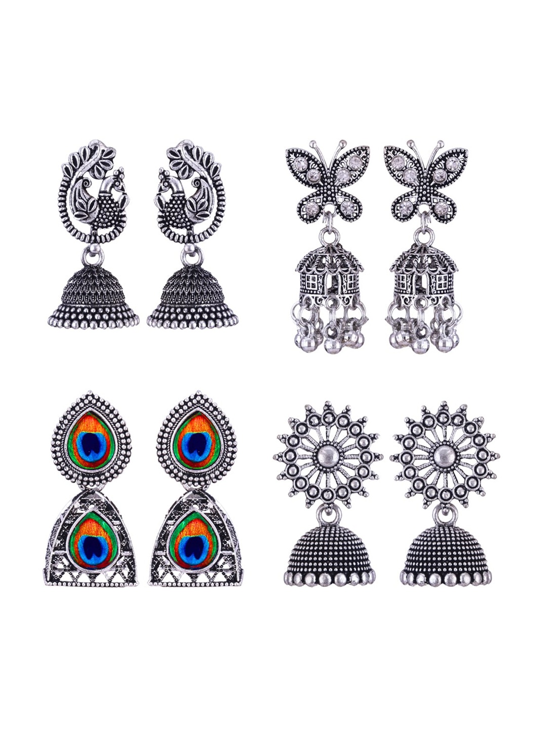 

MEENAZ Set Of 4 Silver-Plated Oxidised Peacock Shaped Jhumkas