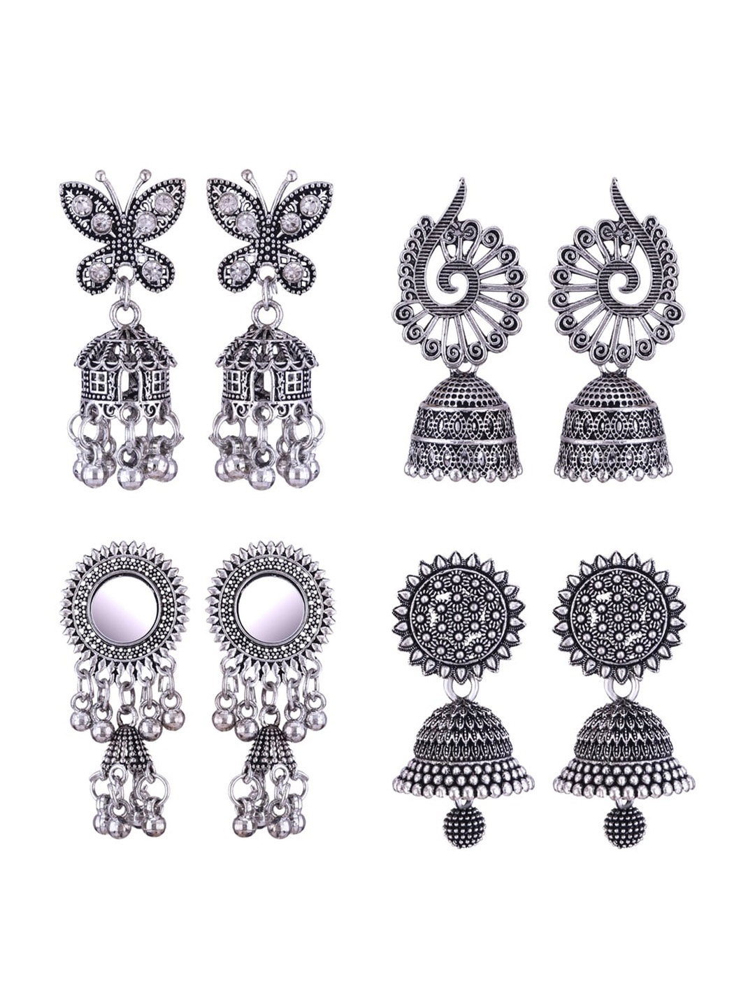 

MEENAZ Set Of 4 Silver-Plated Stainless Steel Studded & Beaded Peacock Shaped Jhumkas