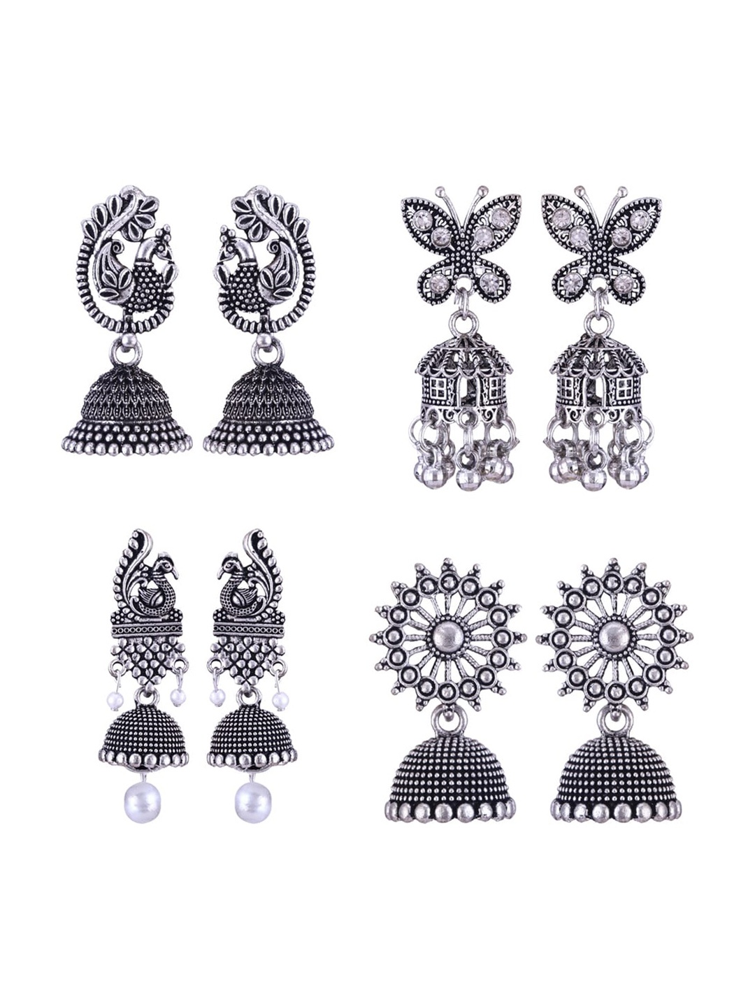 

MEENAZ Pack Of 4 Silver-Plated Dome Shaped Oxidised Jhumkas