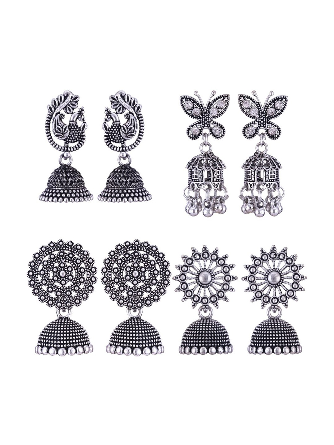 

MEENAZ Set Of 4 Silver-Plated Oxidised Peacock Shaped Jhumkas