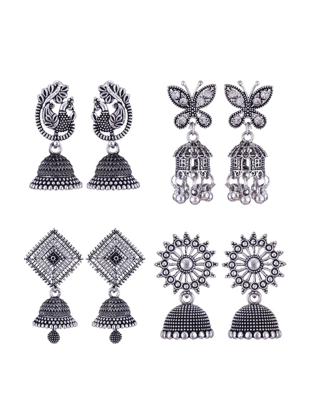 

MEENAZ Set Of 4 Silver-Plated Oxidised Peacock Shaped Jhumkas