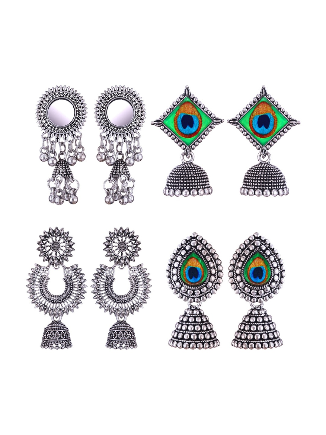 

MEENAZ Set Of 4 Silver-Plated Stainless Steel Jhumkas Earrings