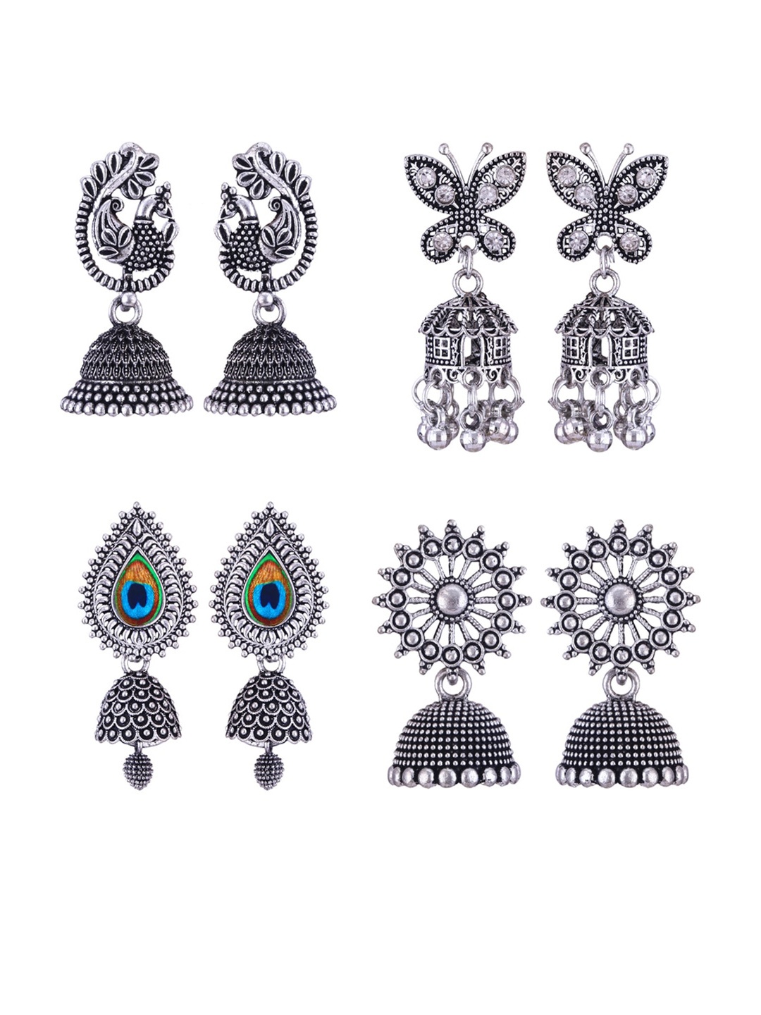 

MEENAZ Set Of 4 Silver-Plated Stainless Steel Peacock Shaped Jhumkas