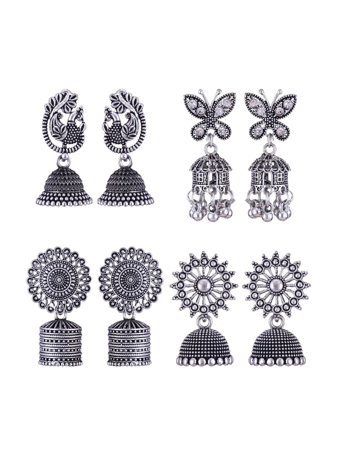 

MEENAZ Set Of 4 Silver-Plated Peacock Shaped Jhumkas