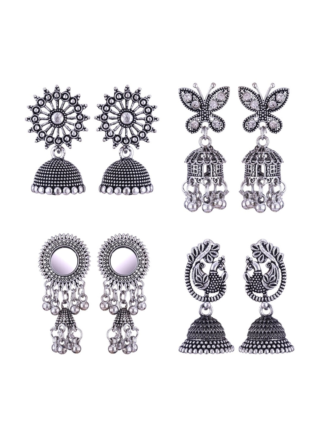 

MEENAZ Set Of 4 Silver-Plated Stainless Steel Peacock Shaped Jhumkas