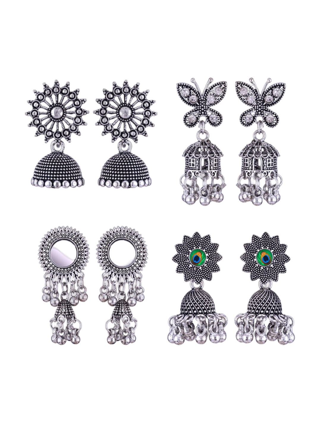 

MEENAZ Set Of 4 Silver-Plated Stainless Steel Studded & Beaded Peacock Shaped Jhumkas