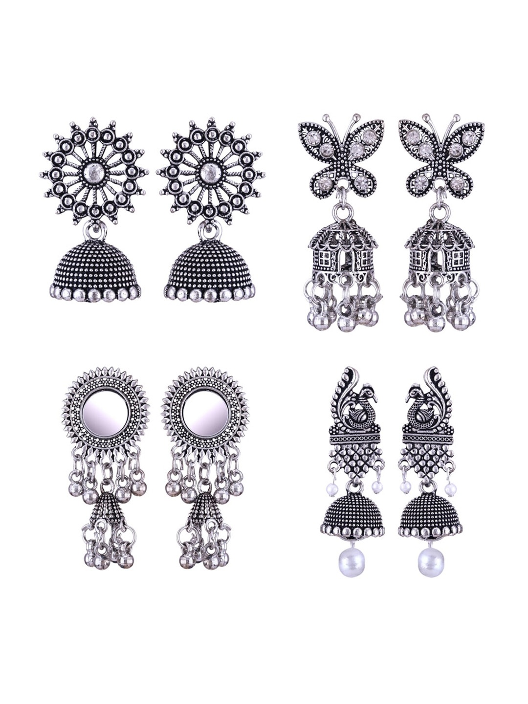 

MEENAZ Pack Of 4 Silver-Plated Dome Shaped Oxidised Jhumkas