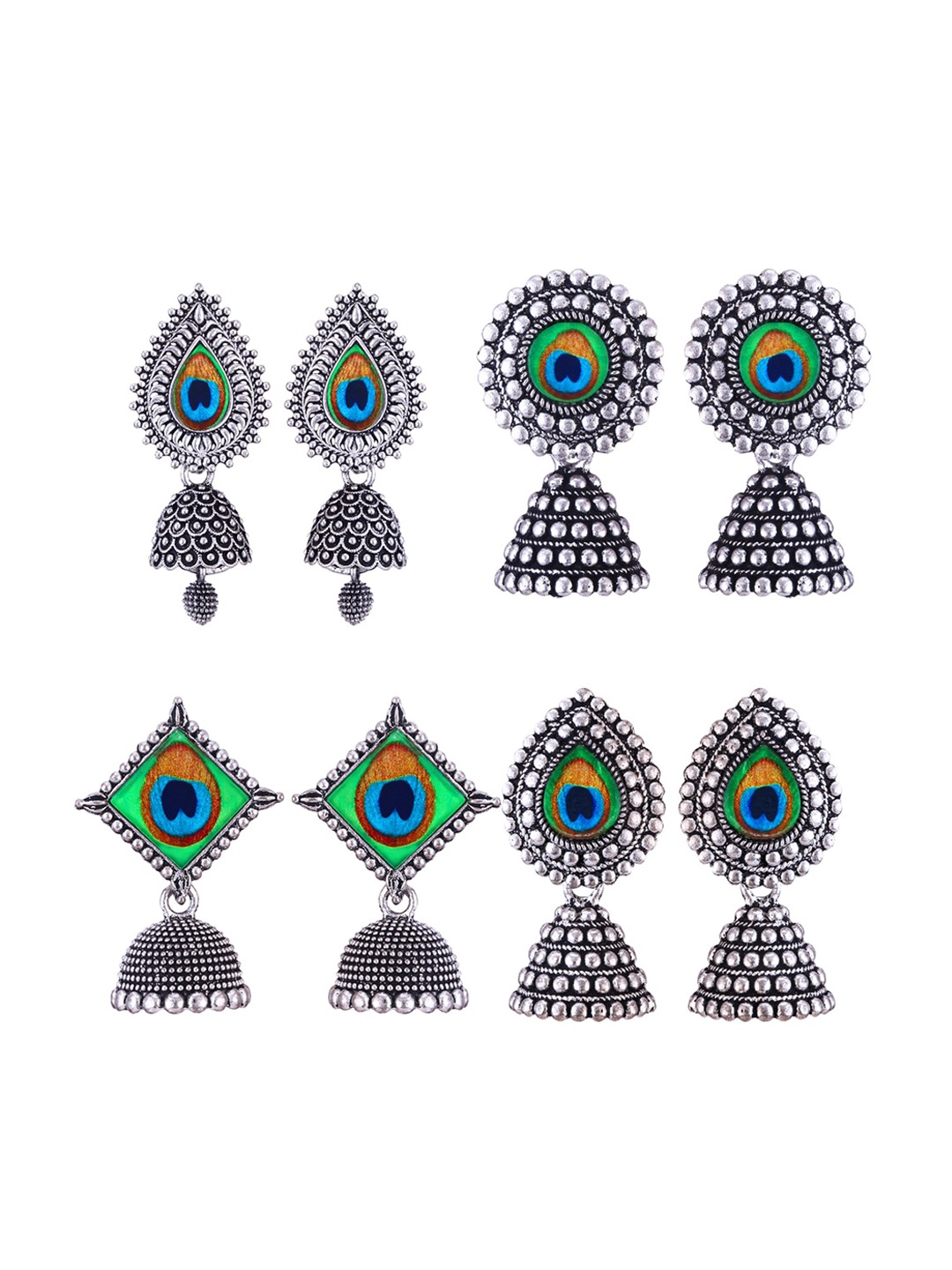 

MEENAZ Pack Of 4 Silver-Plated Dome Shaped Oxidised Jhumkas