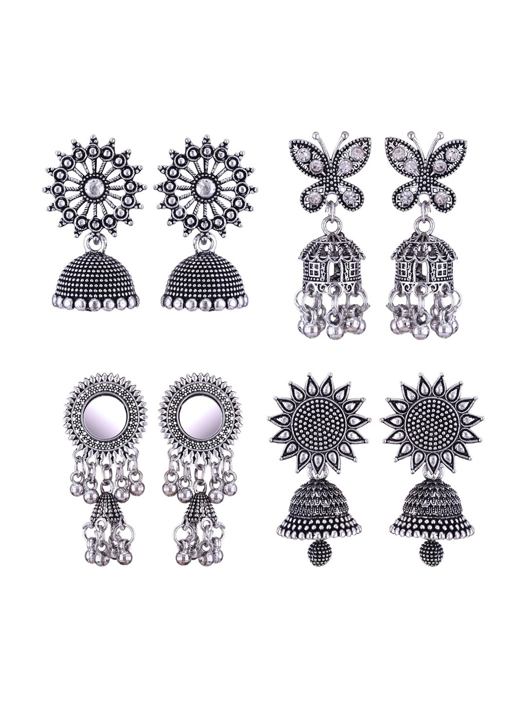 

MEENAZ Set Of 4 Silver-Plated Peacock Shaped Jhumkas