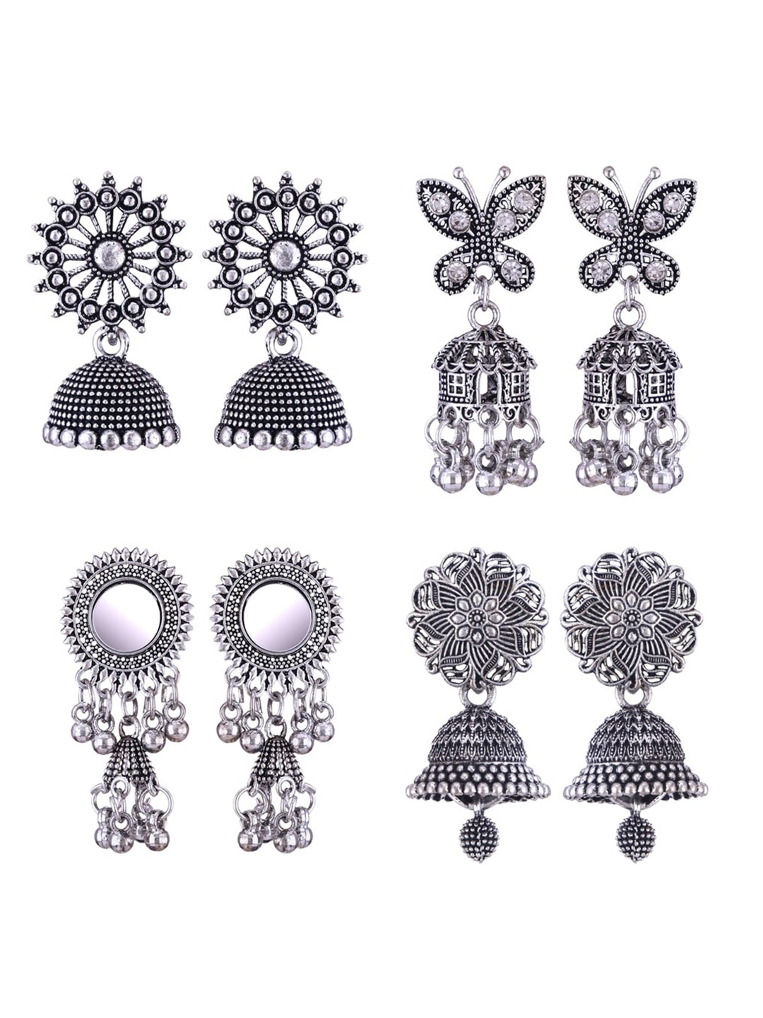 

MEENAZ Set of 4 Oxidised Silver Plated Stainless Steel Jhumkas