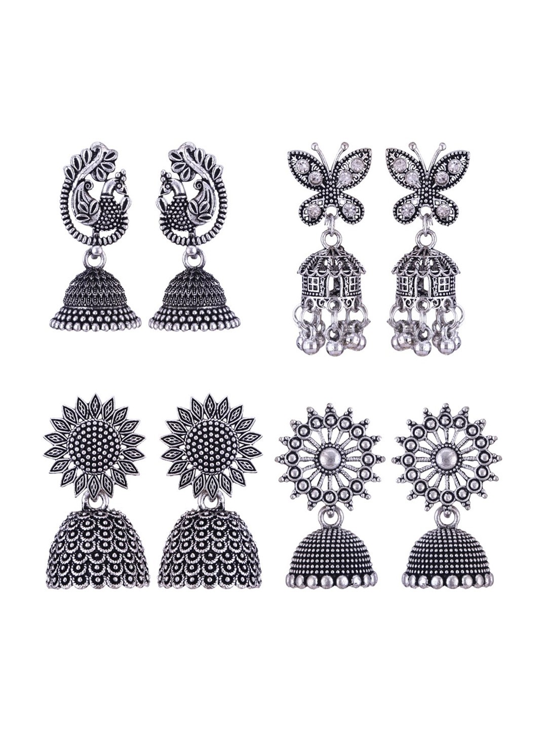 

MEENAZ Set Of 4 Silver-Plated Stainless Steel Stones Studded & Beads Beaded Jhumkas