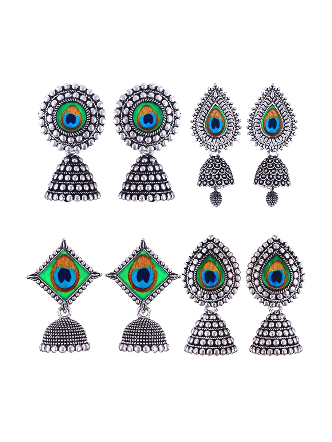 

MEENAZ Set Of 4 Silver-Plated Stainless Steel Studded & Beaded Peacock Shaped Jhumkas