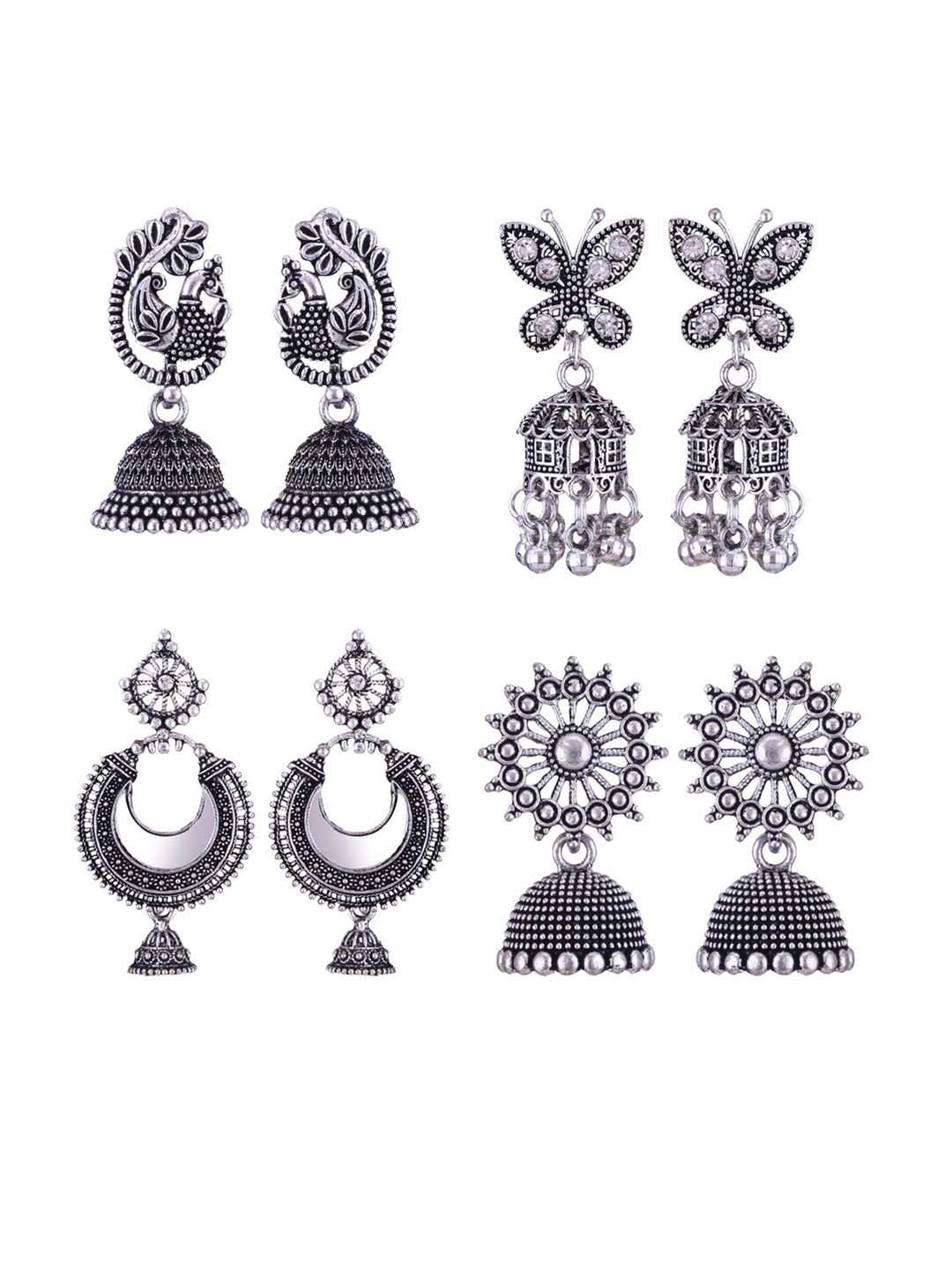 

MEENAZ Set Of 4 Silver Plated Dome Shaped Jhumkas