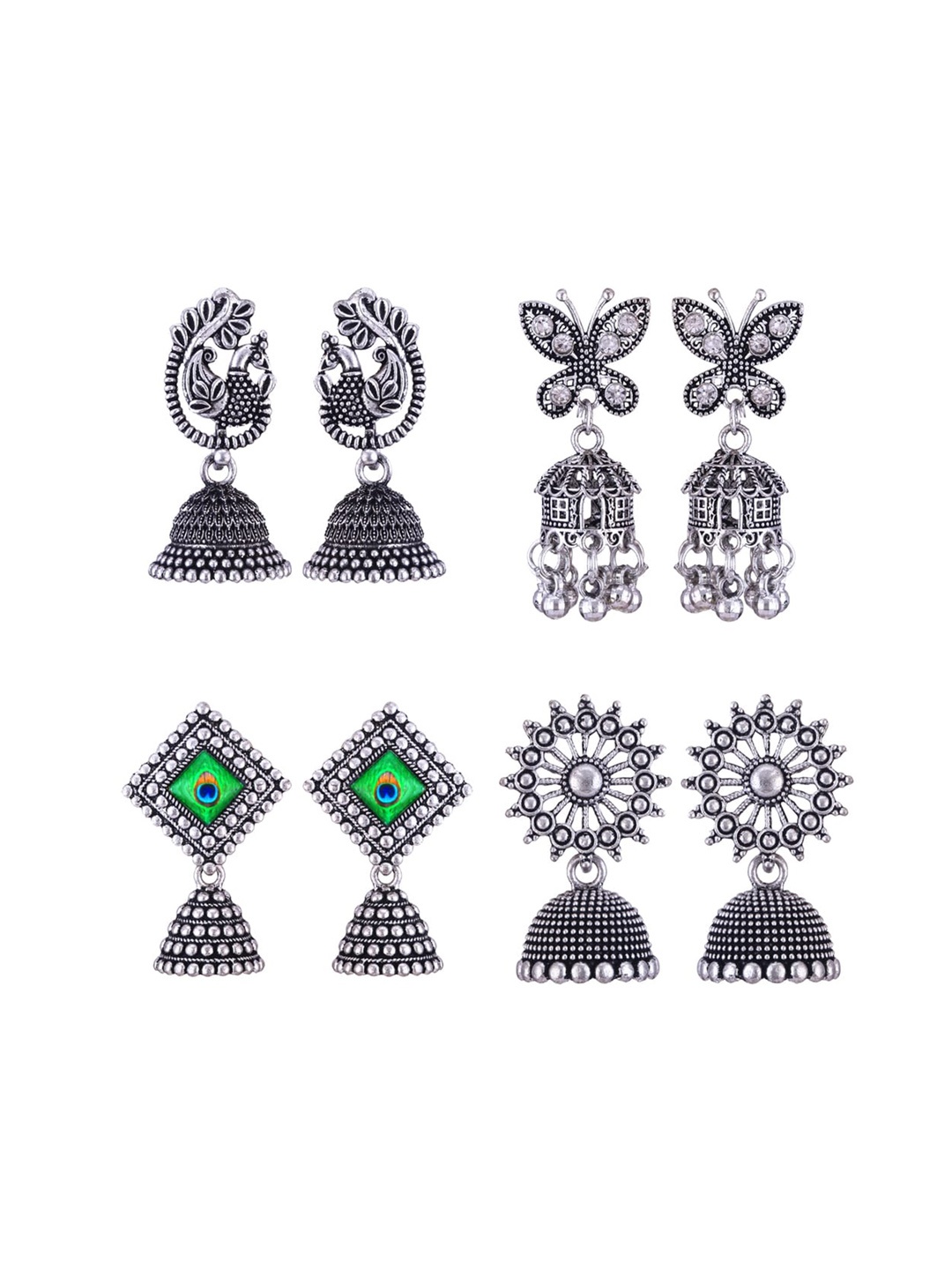 

MEENAZ Set Of 4 Silver-Plated Stainless Steel Peacock Shaped Jhumkas