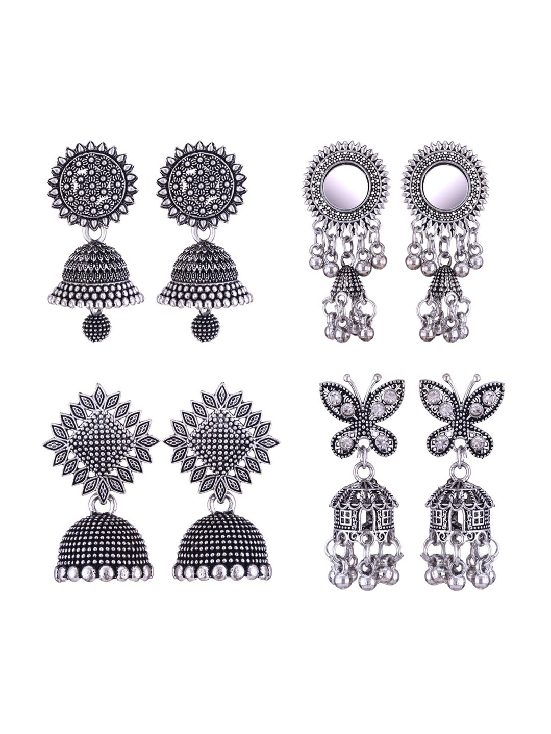 

MEENAZ Set Of 4 Silver-Plated Stainless Steel Jhumkas Earrings