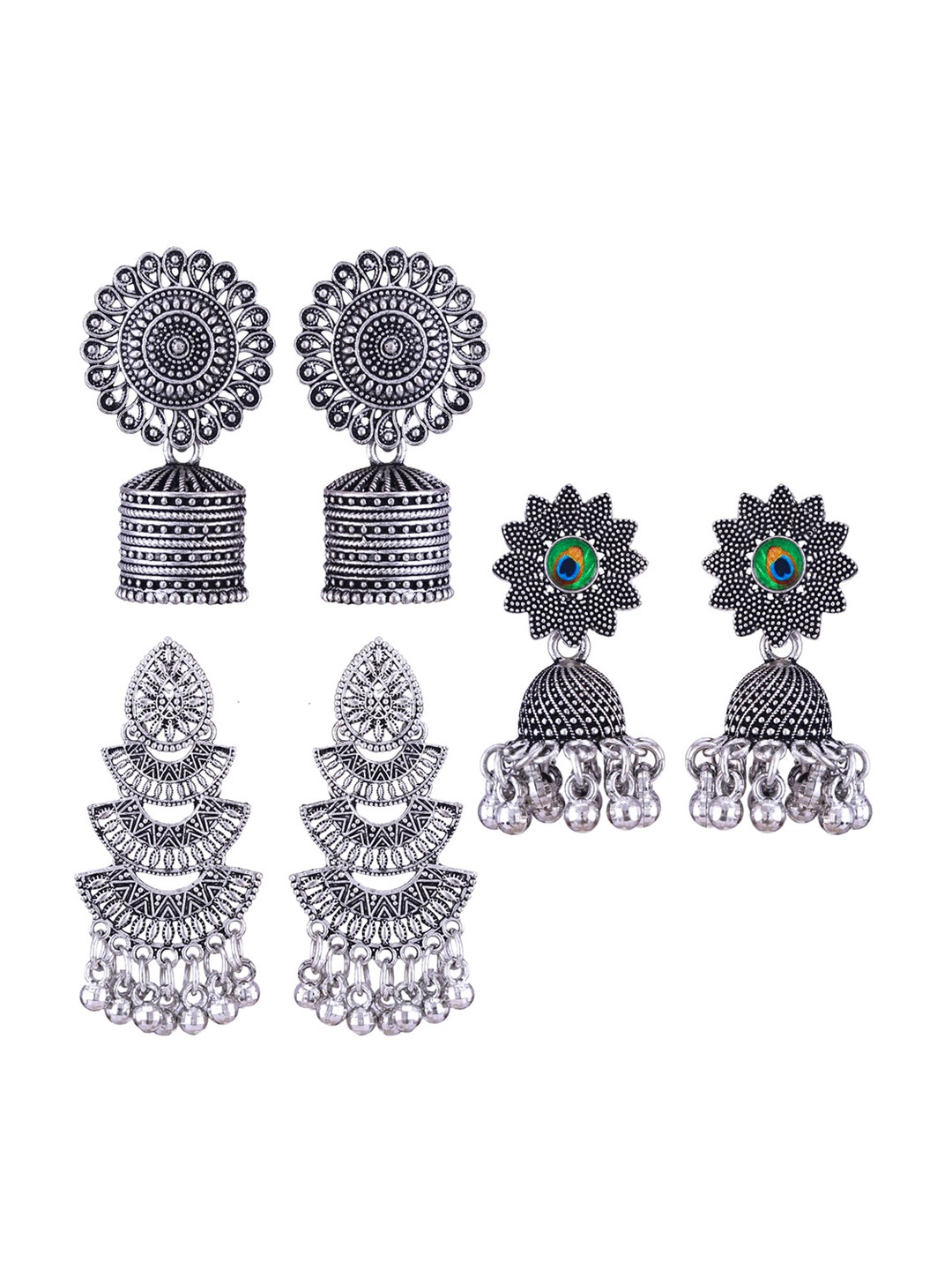 

MEENAZ Set Of 3 Silver-Plated Stainless Steel Peacock Shaped Enamelled Jhumkas