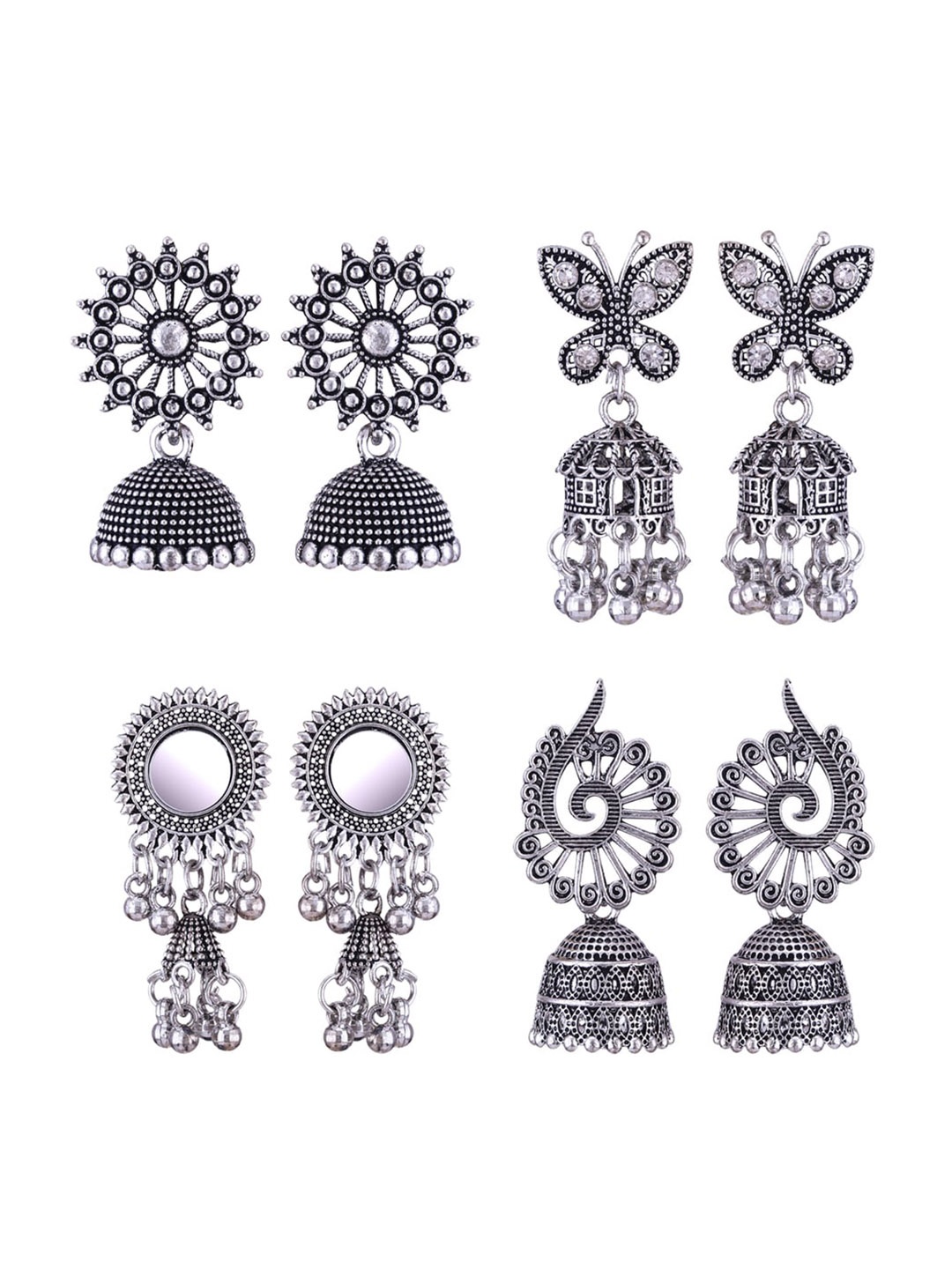 

MEENAZ Set Of 4 Silver-Plated Stainless Steel Studded & Beaded Peacock Shaped Jhumkas