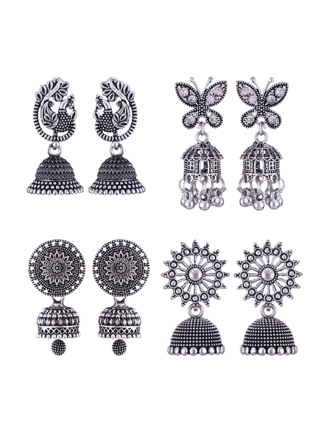 

MEENAZ Set Of 4 Silver-Plated Stainless Steel Jhumkas Earrings
