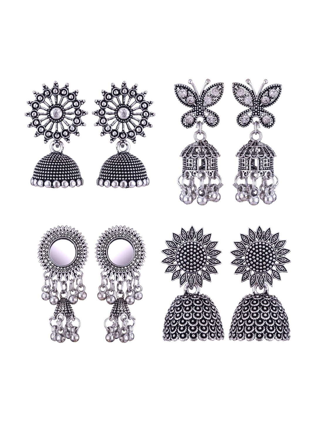 

MEENAZ Set Of 4 Silver-Plated Stainless Steel Peacock Shaped Jhumkas