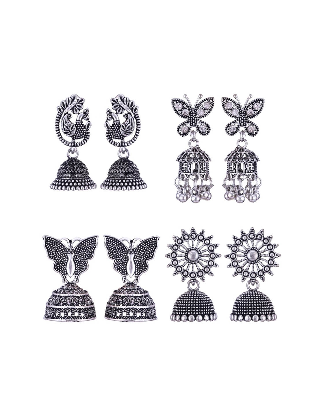 

MEENAZ Set Of 4 Silver-Plated Stainless Steel Stones Studded & Beads Beaded Jhumkas