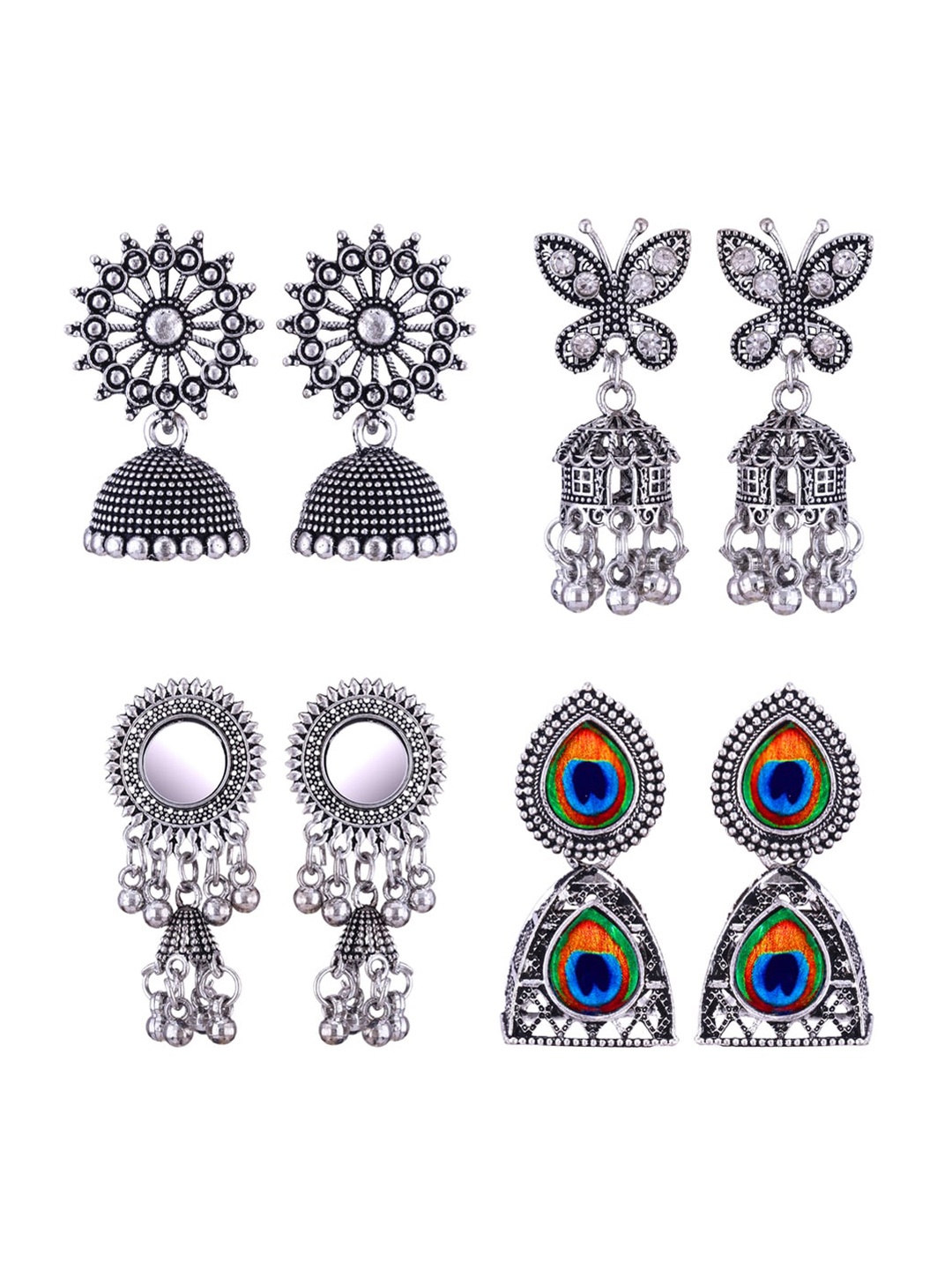 

MEENAZ Set Of 4 Silver-Plated Peacock Shaped Jhumkas