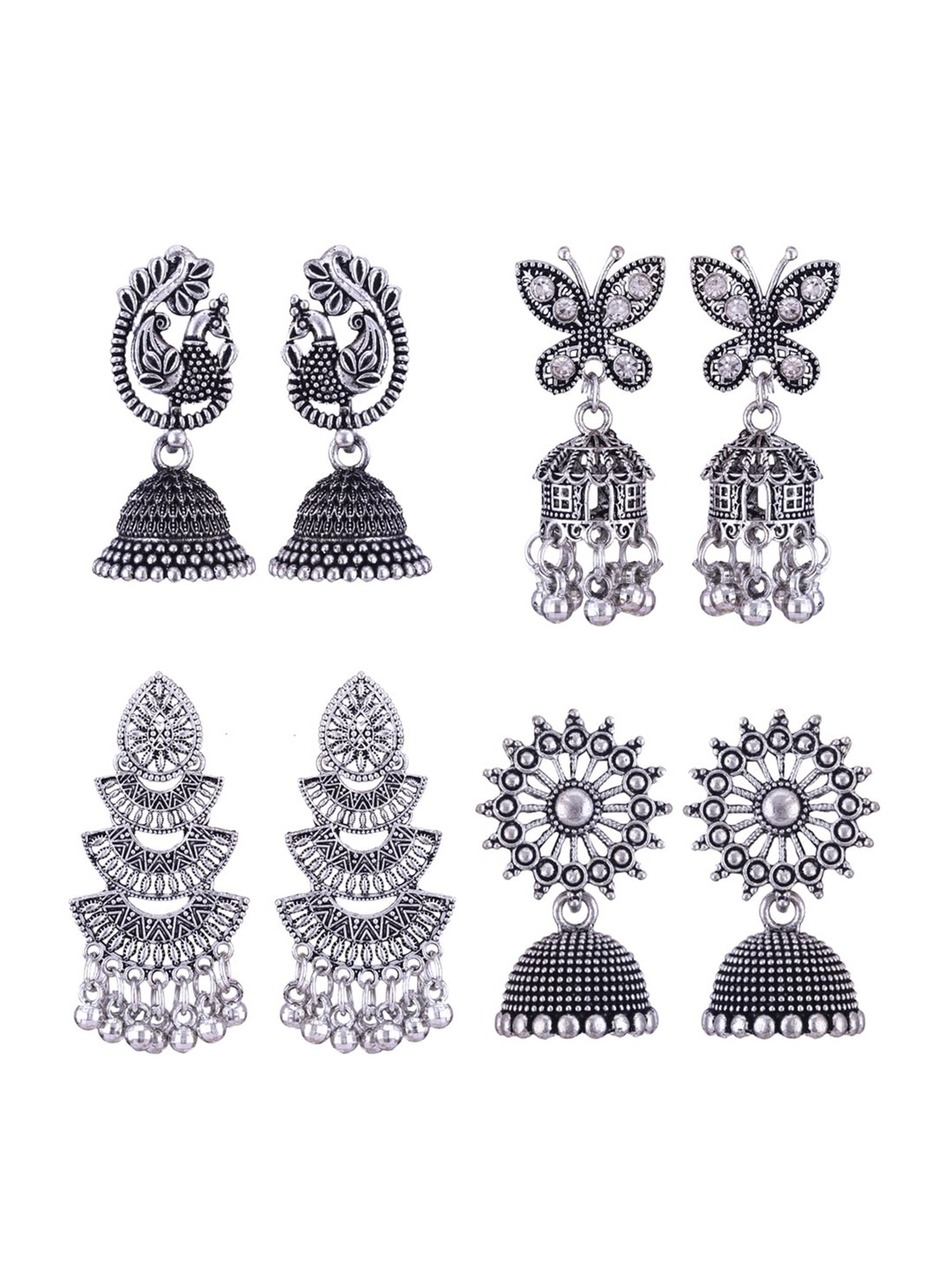 

MEENAZ Set Of 4 Silver-Plated Stainless Steel Peacock Shaped Jhumkas