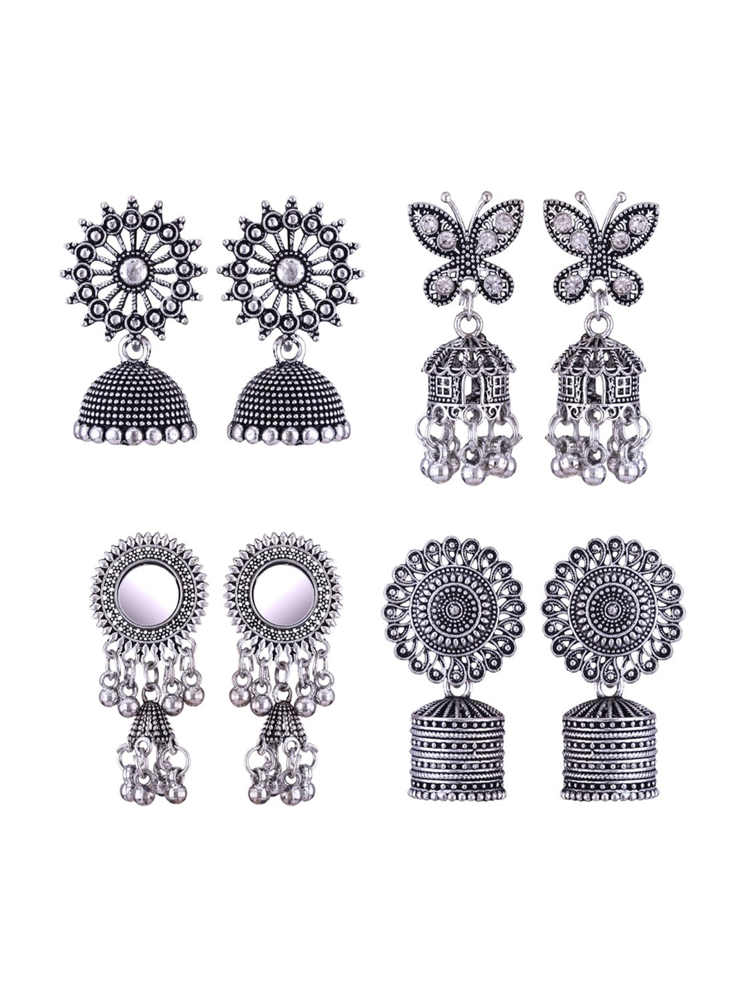 

MEENAZ Set Of 4 Silver-Plated Stainless Steel Jhumkas Earrings