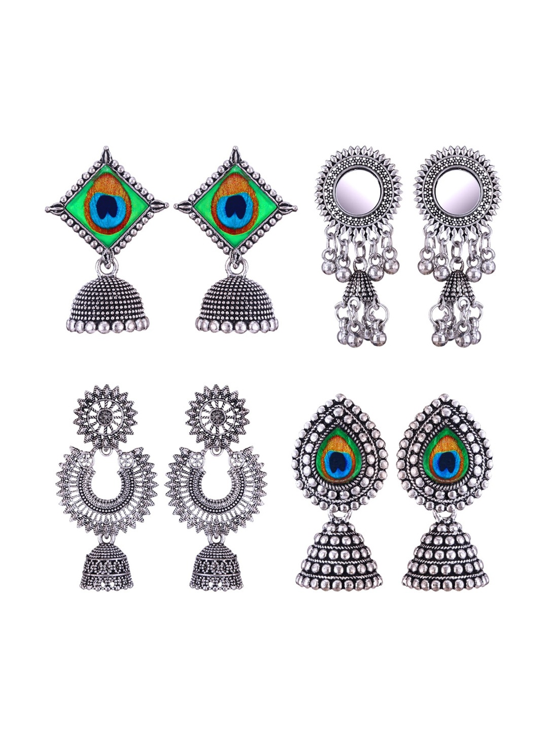 

MEENAZ Set Of 4 Silver-Plated Peacock Shaped Jhumkas