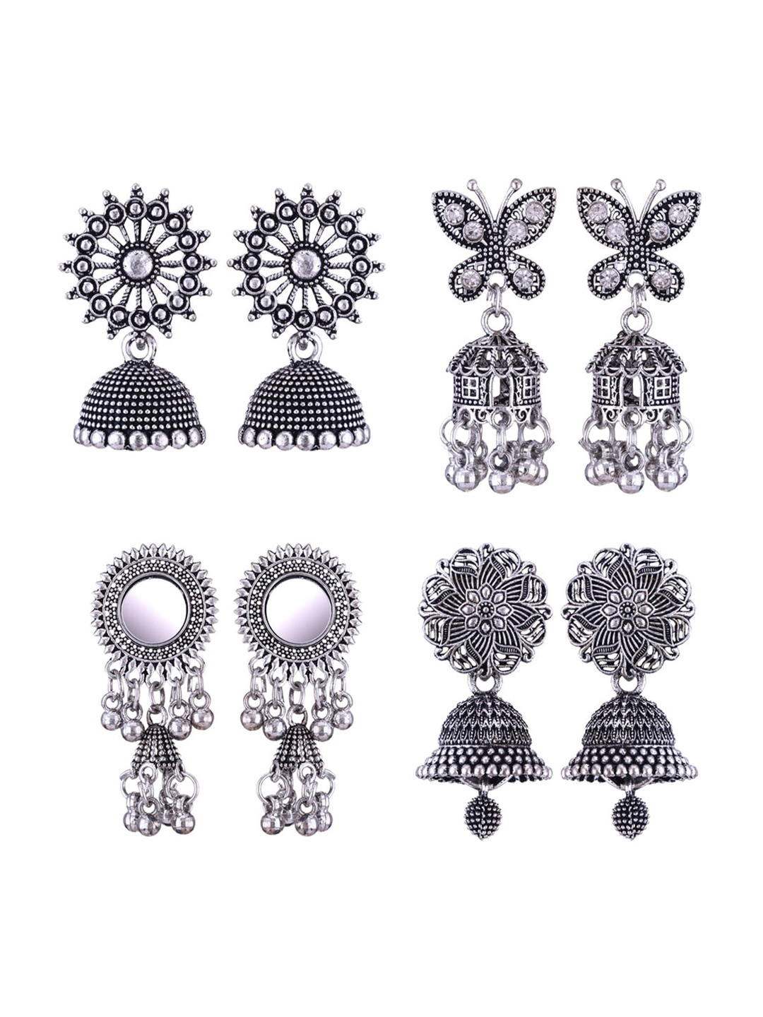 

MEENAZ Set Of 4 Silver-Plated Stainless Steel Peacock Shaped Jhumkas