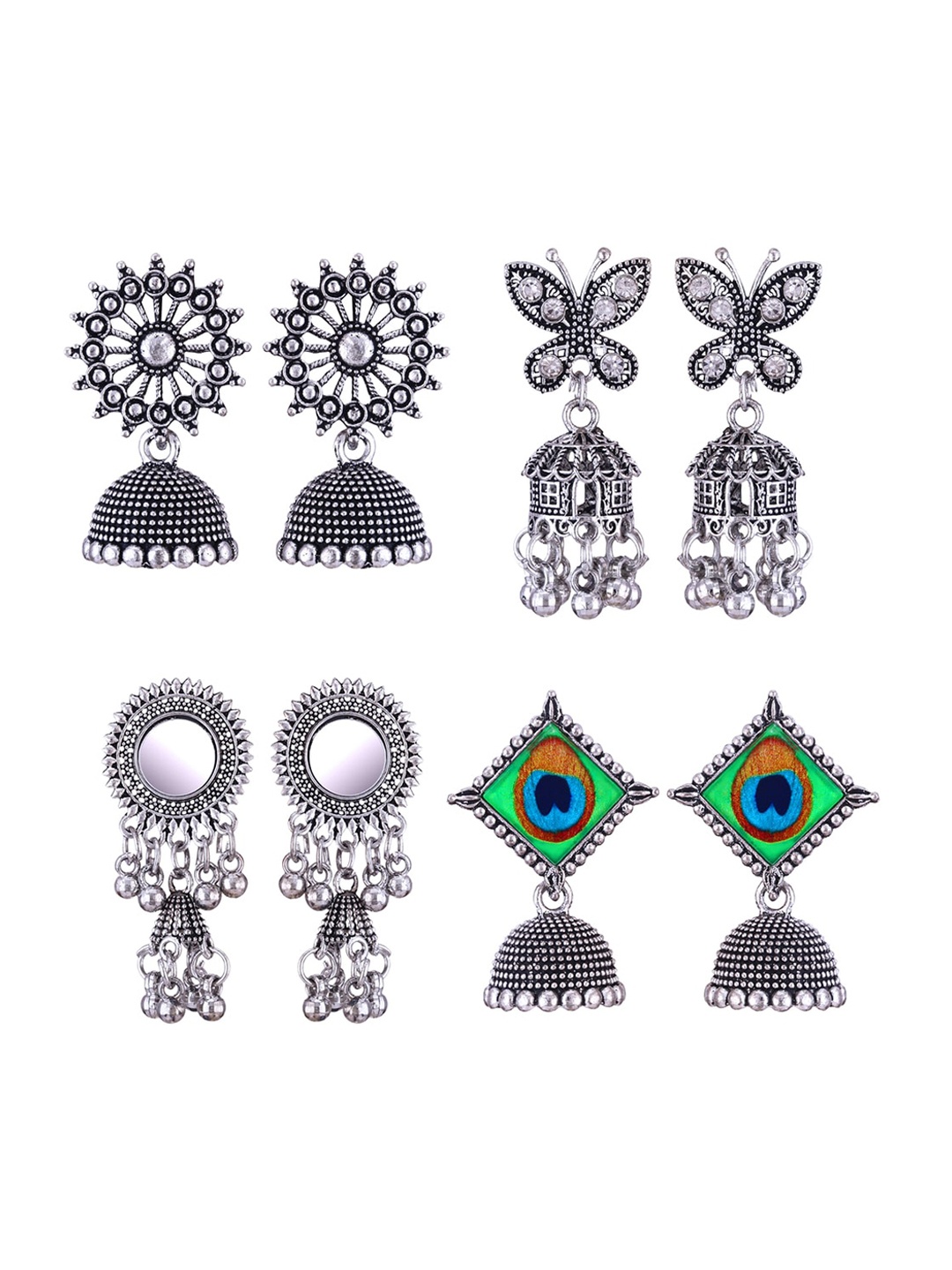 

MEENAZ Set Of 4 Silver-Plated Stainless Steel Jhumkas Earrings