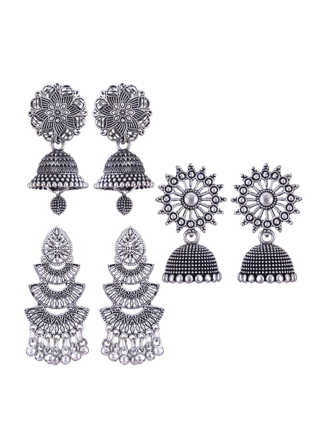 

MEENAZ Set Of 3 Silver-Plated Stainless Steel Studded & Beaded Peacock Shaped Jhumkas